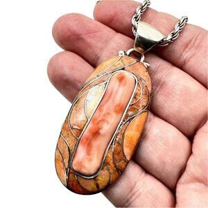 Native American Hallmarked EL Huge Pendant Necklace Coral Sterling Silver